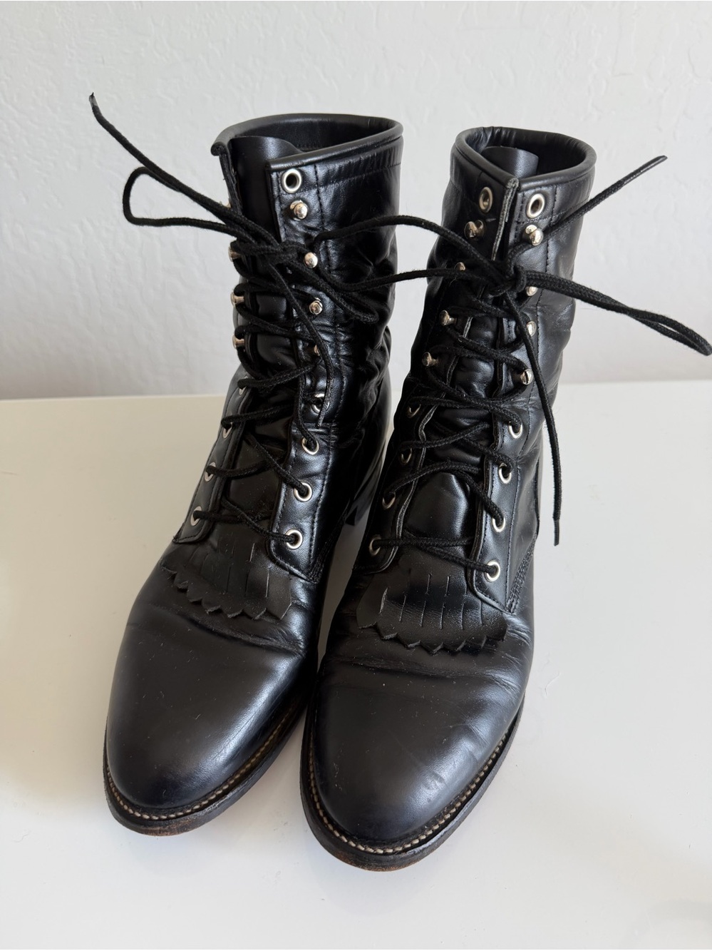 VTG Justin 506 Black Leather Lace Up Roper Boots Kiltie USA Mens 8 D⁠